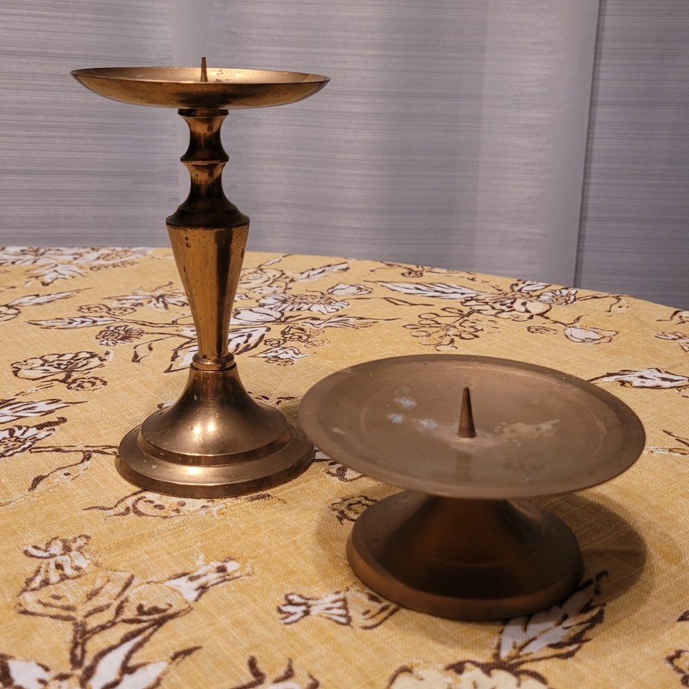 Boho Vintage Brass Pillar Candle Holders pair